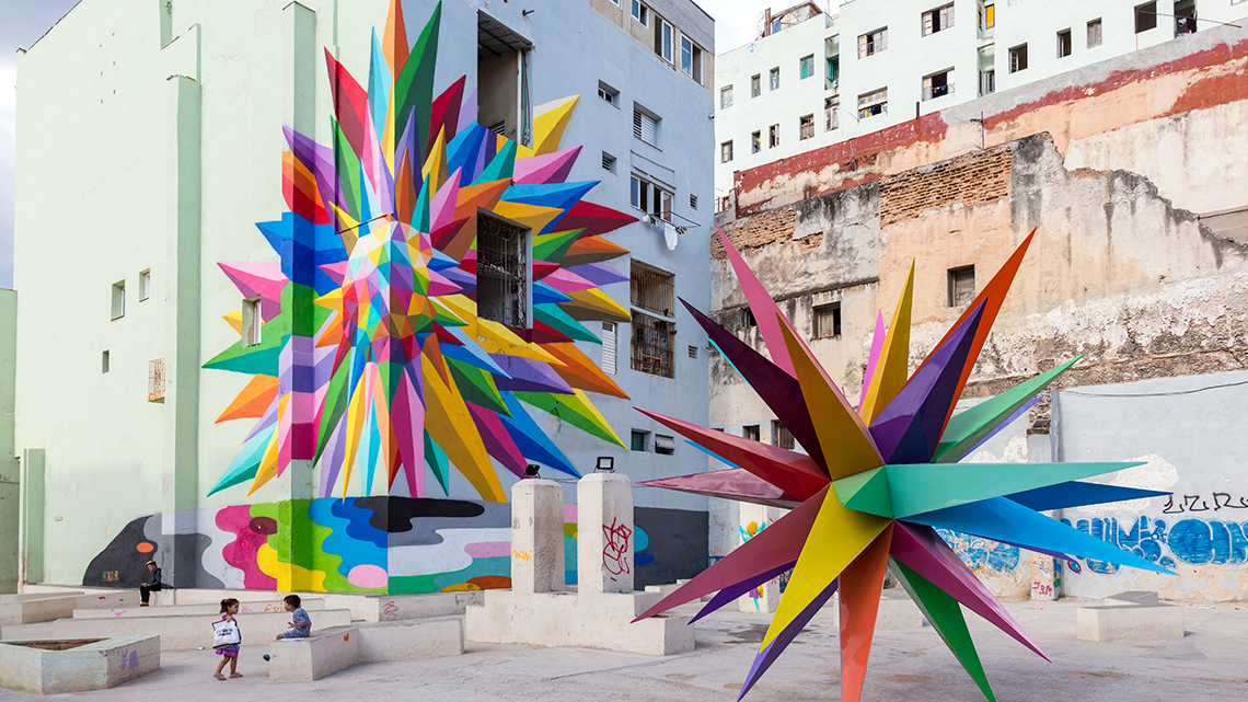 Rosa de lo Vientos, a multicolour graffiti and sculture by Okuda San Miguel in the Malecon of Havana