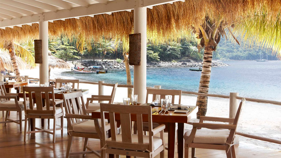 The lovely Bayside Restaurant is just by the beach of the Sugar Beach, A Viceroy Resort hotel