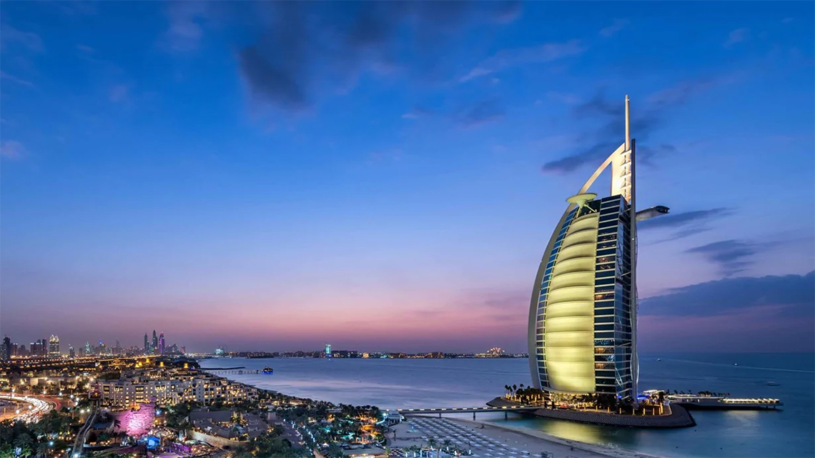 View of the sunset at Burj Al Arab in Dubai